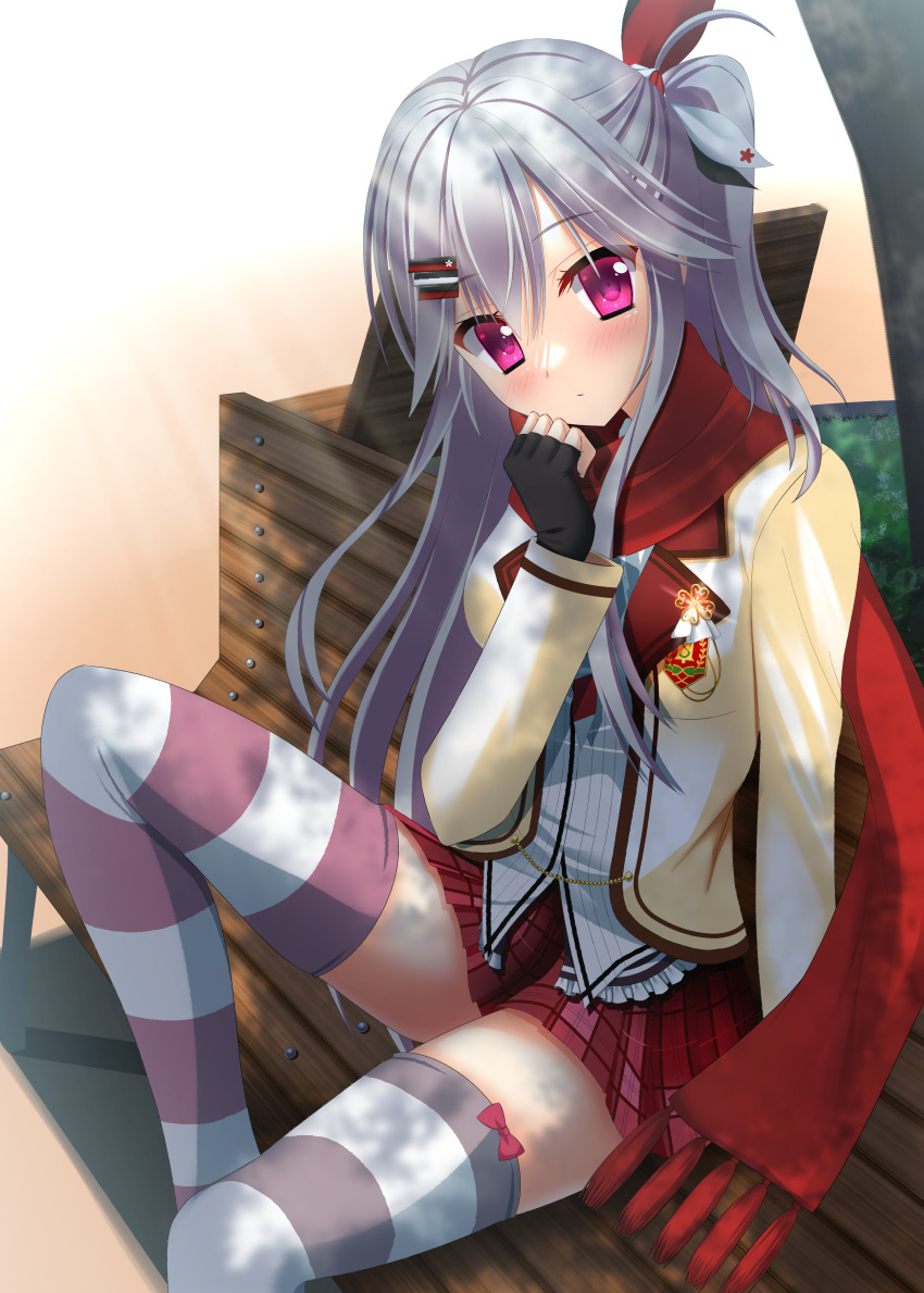 1girl, absurdres, bench, black_gloves, blush, bow, bow_legwear, closed_mouth
