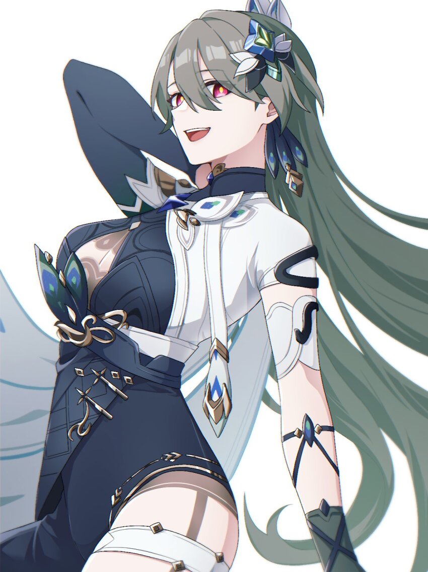 1girl, asymmetrical_gloves, blue_bodysuit, bodysuit, breasts, cleavage_cutout, clothing_cutout, cowboy_shot, eipenor, gloves, grey_hair, hair_between_eyes, hair_ornament, highres, honkai_(series), honkai_impact_3rd, large_breasts, long_hair, looking_at_viewer, red_eyes, solo, thighs, vita_(honkai_impact), vita_(lone_planetfarer)_(honkai_impact), white_background