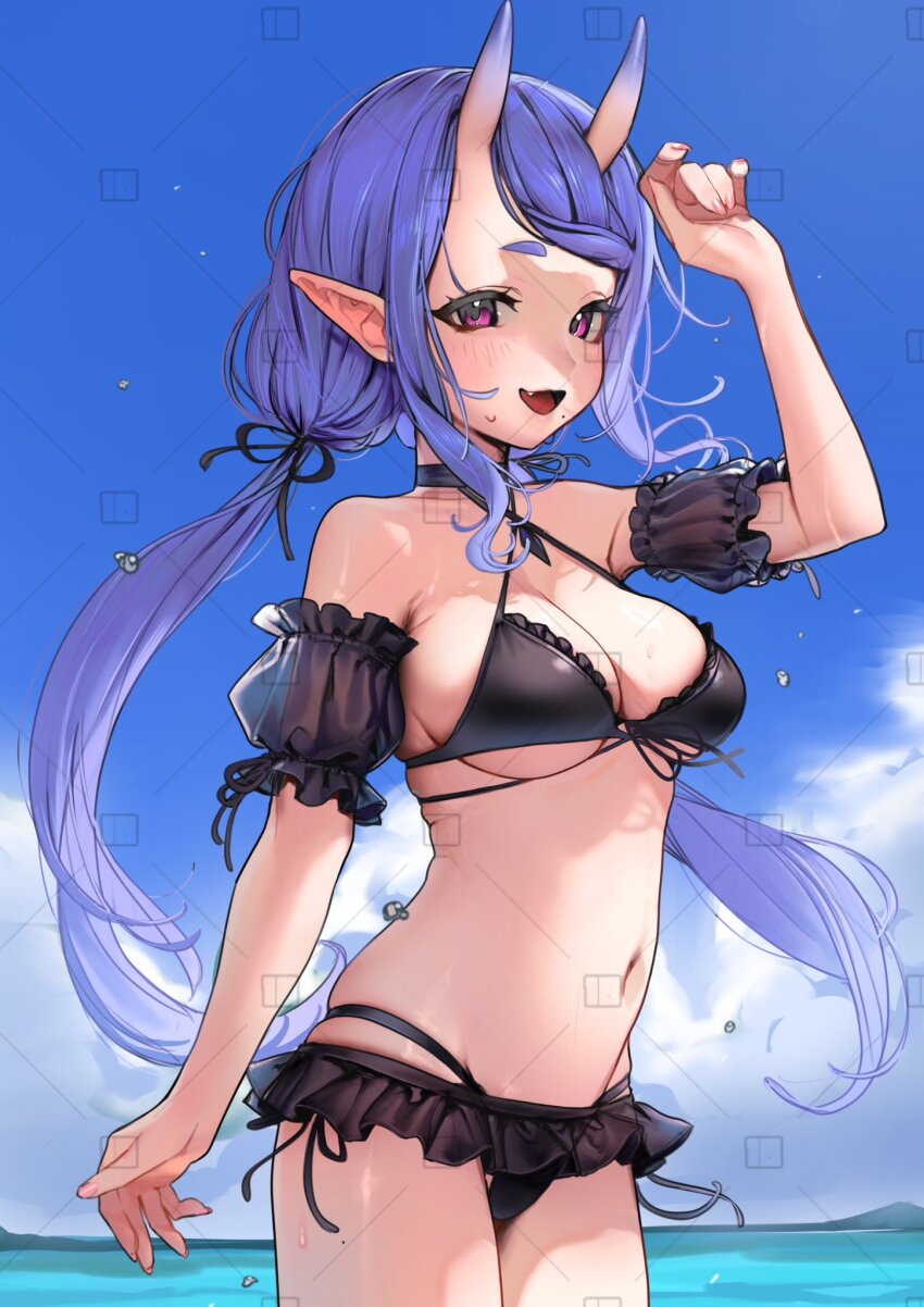 1girl, bikini, bikini_skirt, black_bikini, blue_sky, blush, breasts, cloud