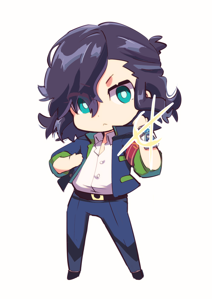 1boy, :<, aqua_eyes, armband, asymmetrical_bangs, asymmetrical_hair, black_hair, black_shoes