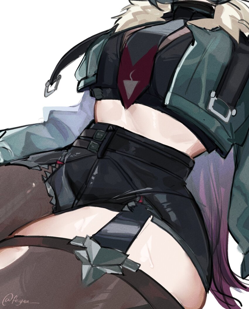 1girl, black_shorts, feiyuu, fur-trimmed_jacket, fur_trim, garter_straps, green_jacket, head_out_of_frame