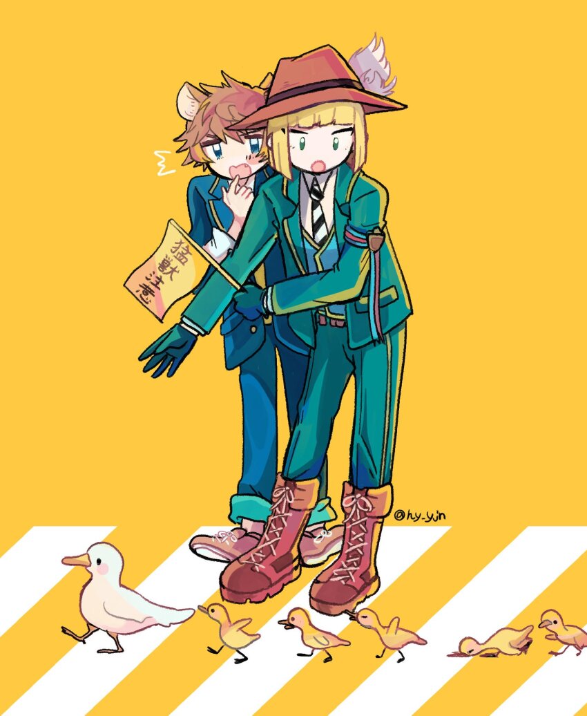 2boys, ^^^, animal_ears, armband, baby_animal, behind_another, bird, blazer