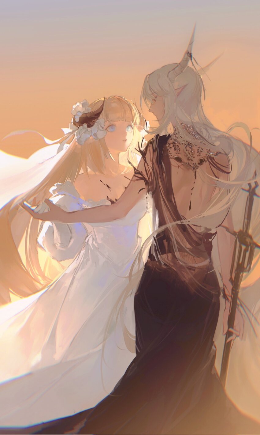 2girls, arknights, backless_dress, backless_outfit, black_dress, black_vs_white, black_wedding_dress, blonde_hair