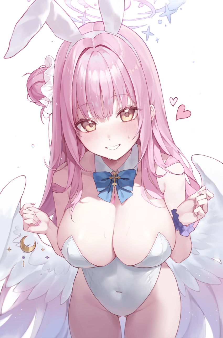 1girl, absurdres, alternate_costume, angel_wings, animal_ears, bare_shoulders, blue_archive, blue_bow, blue_bowtie, bow, bowtie, breasts, cleavage, covered_navel, cowboy_shot, fake_animal_ears, ff_01, frills, gluteal_fold, hair_between_eyes, hair_bun, hair_intakes, halo, heart, highleg, highleg_leotard, highres, large_breasts, leotard, long_hair, looking_at_viewer, mika_(blue_archive), open_mouth, pink_hair, playboy_bunny, rabbit_ears, single_side_bun, smile, solo, sparkle, strapless, strapless_leotard, sweat, sweatdrop, teeth, thighs, white_background, white_leotard, wings, yellow_eyes