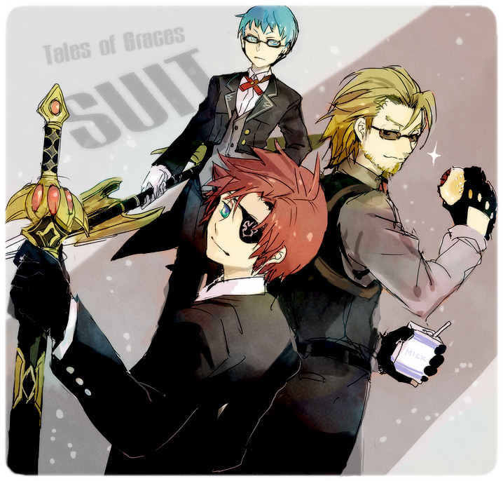 3boys, alternate_costume, asbel_lhant, asbel_lhant_(eyepatch_+_black_suit), bad_id, bad_pixiv_id, blade, blue_eyes