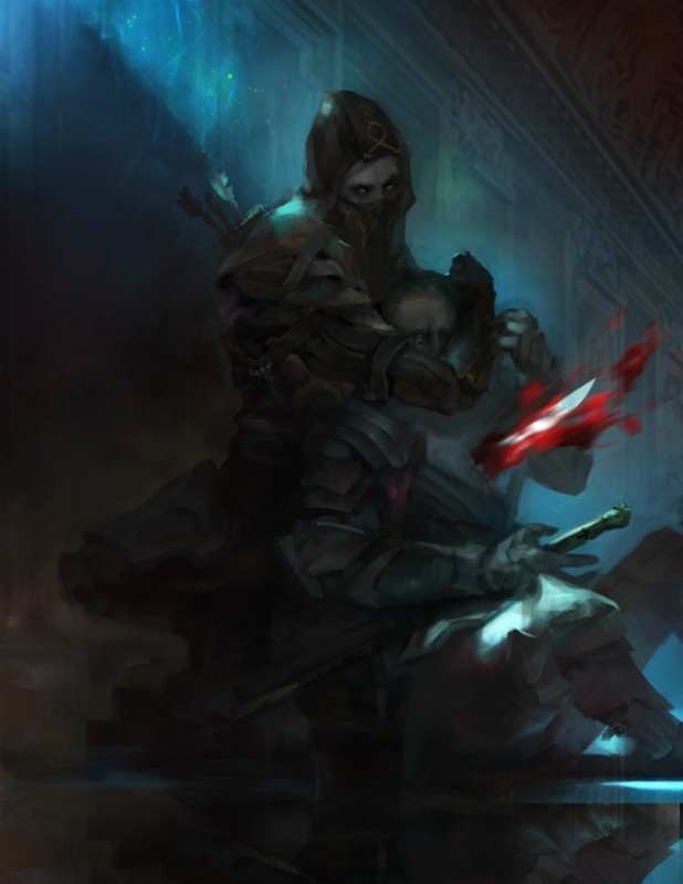 2boys, armor, arrow_(projectile), bad_bcy_id, bad_id, black_gloves, black_hood, black_mask