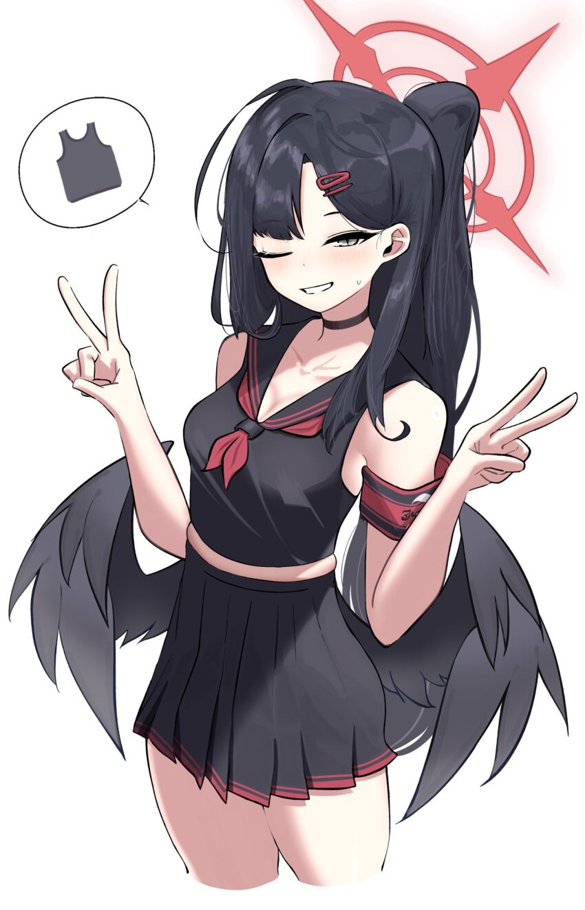 1girl, adapted_costume, alternate_hairstyle, armband, black_choker, black_hair, black_sailor_collar, black_shirt, black_skirt, black_wings, blue_archive, breasts, choker, cleavage, collarbone, cowboy_shot, crop_top, cropped_legs, double_v, feathered_wings, glowing, glowing_halo, grey_eyes, grin, hair_ornament, hairclip, halo, highres, ichika_(blue_archive), long_hair, looking_at_viewer, low_wings, medium_breasts, midriff, mitama_nyan, neckerchief, one_eye_closed, pleated_skirt, ponytail, red_armband, red_halo, red_neckerchief, sailor_collar, shirt, simple_background, skirt, sleeveless, sleeveless_shirt, slit_pupils, smile, solo, spoken_symbol, sweatdrop, v, very_long_hair, white_background, wings
