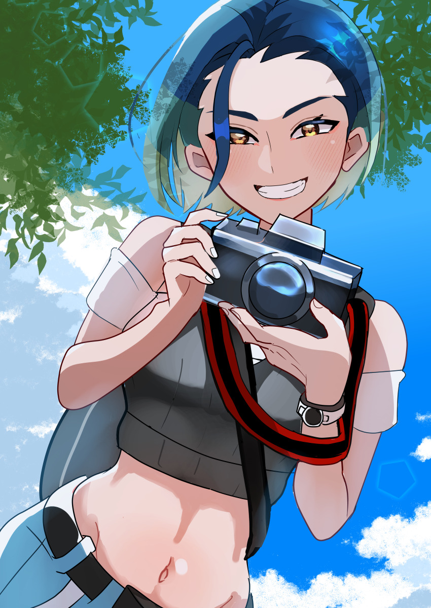 1girl, absurdres, akisame_kanon, armband, bare_shoulders, black_armband, black_choker, blue_hair