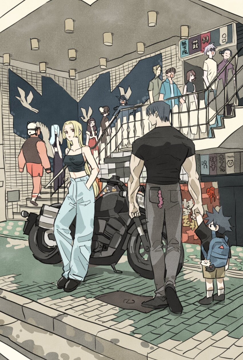 6+boys, 6+girls, amanai_riko, bag, blue_shirt, blunt_bangs, commentary_request, cursed_spirit_(jujutsu_kaisen), denim, eye_contact, father_and_child, father_and_son, full_body, fushiguro_megumi, fushiguro_toji, geto_suguru, gojo_satoru, gyokuken, haibara_yu, hand_grab, hands_in_pocket, high-waist_pants, highres, ieiri_shoko, iori_utahime, jeans, jujutsu_kaisen, kamo_noritoshi, kuroi_misato, long_hair, looking_at_another, low-tied_long_hair, mei_mei_(jujutsu_kaisen), motor_vehicle, motorcycle, multiple_boys, multiple_girls, muscular, muscular_male, nanami_kento, panda_(jujutsu_kaisen), pants, parent_and_child, ponytail, shirt, shoulder_bag, sidelocks, smile, spiked_hair, stairs, sunglasses, swept_bangs, t-shirt, takeuchi_ryousuke, tsukumo_yuki_(jujutsu_kaisen), twintails, white_hair, white_shirt