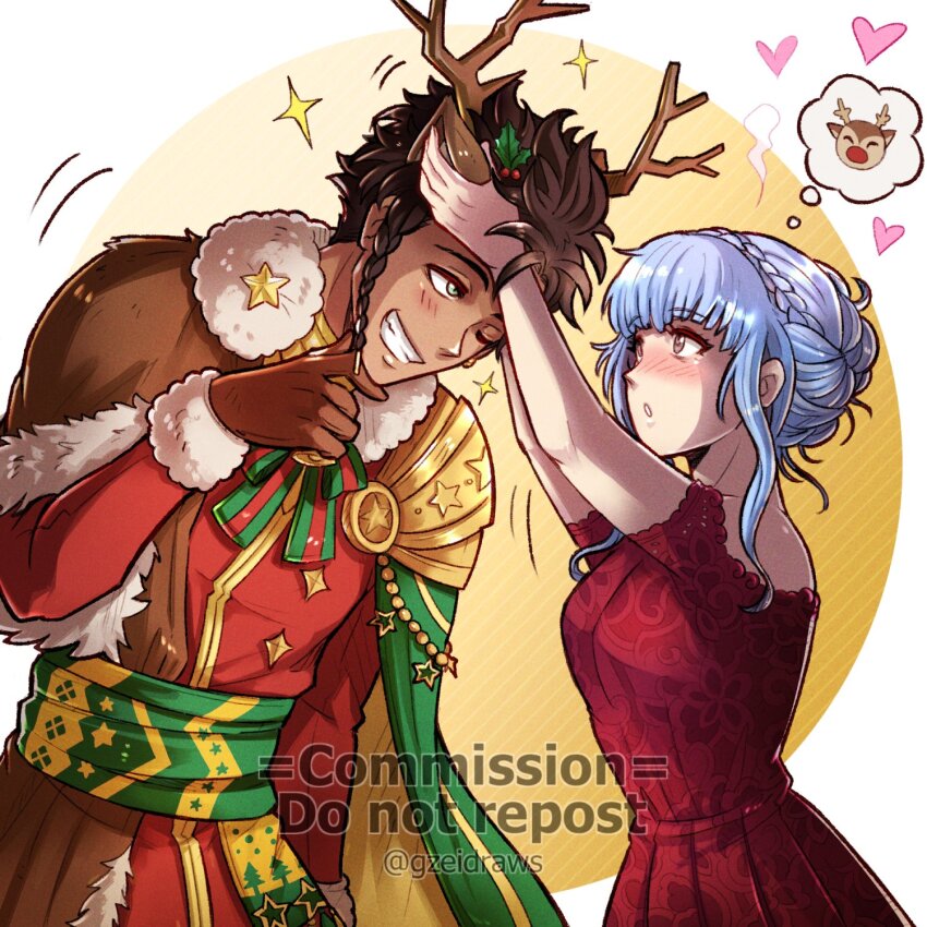 1boy, 1girl, animal_costume, antlers, blue_hair, blush, cape, claude_von_riegan