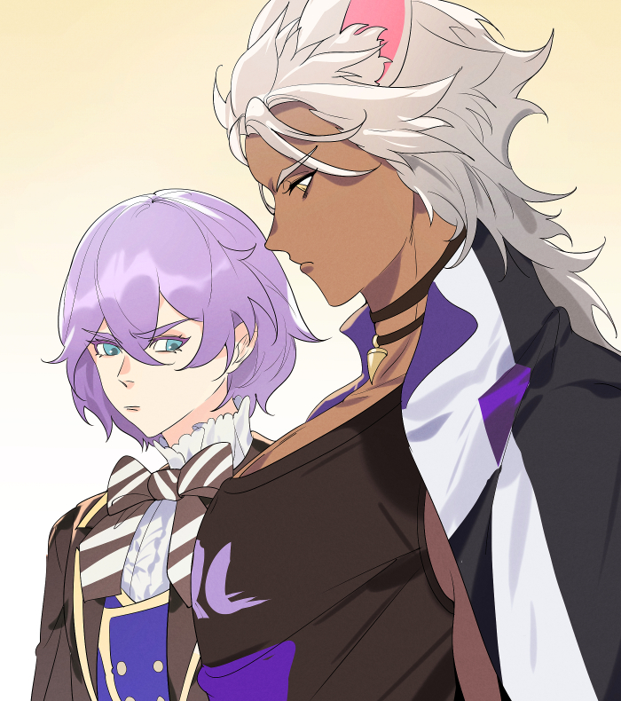 2boys, animal_ears, blue_eyes, commentary_request, dark-skinned_male, dark_skin, epel_felmier, fishee_(fisheem4mmal), girl_staring_at_guy's_chest_(meme), jack_howl, jack_howl_(track_jersey), long_hair, male_focus, meme, multiple_boys, muscular, muscular_male, night_raven_college_school_uniform, purple_hair, school_uniform, short_hair, simple_background, twisted_wonderland, upper_body, white_background, white_hair, wolf_boy, wolf_ears, yellow_eyes