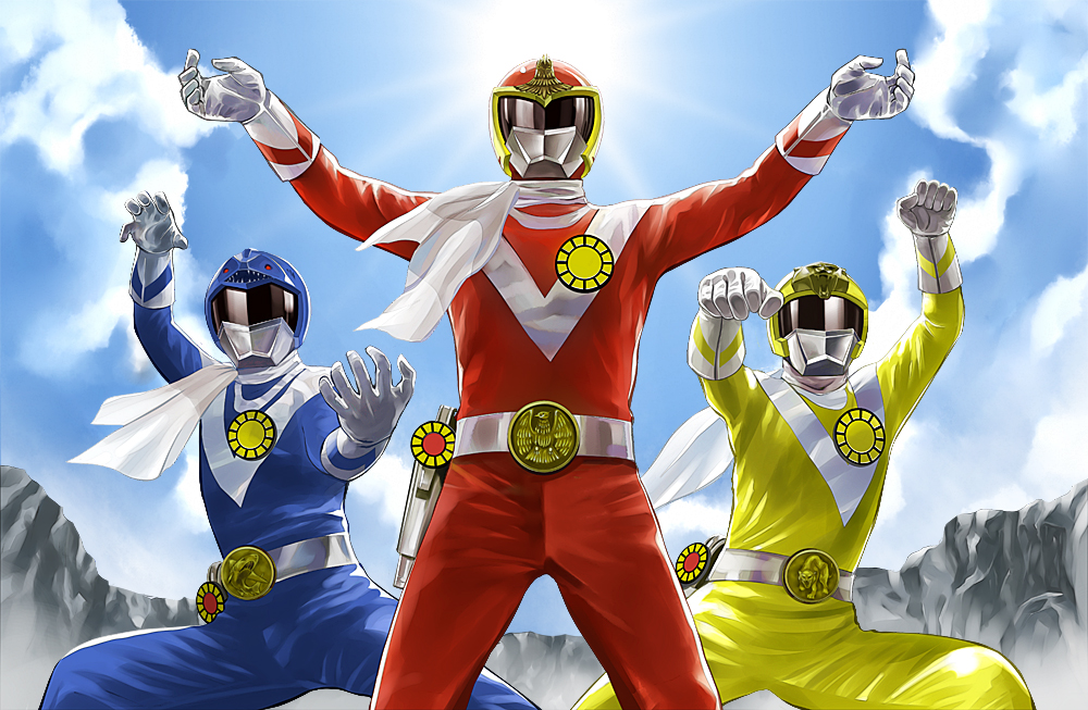 3boys, animal, belt, bird, blue_bodysuit, blue_helmet, bodysuit, cloud