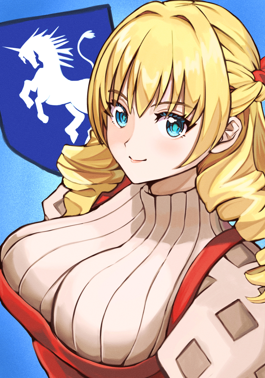 1girl, absurdres, blonde_hair, blue_background, breasts, commentary_request, dress, drill_hair