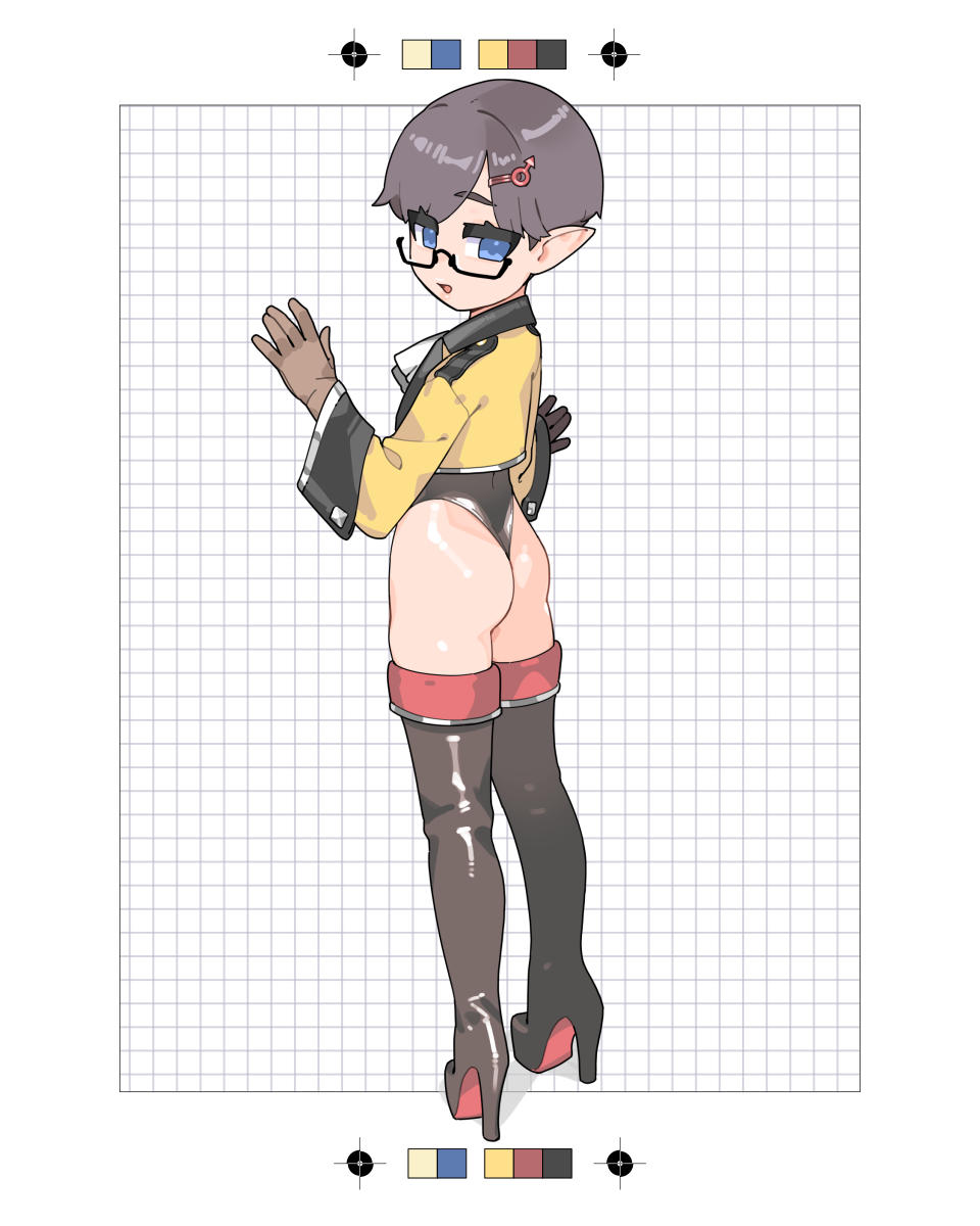 1boy, ass, black_boots, black_hair, black_leotard, boots, brown_gloves, chikuwa_fan973