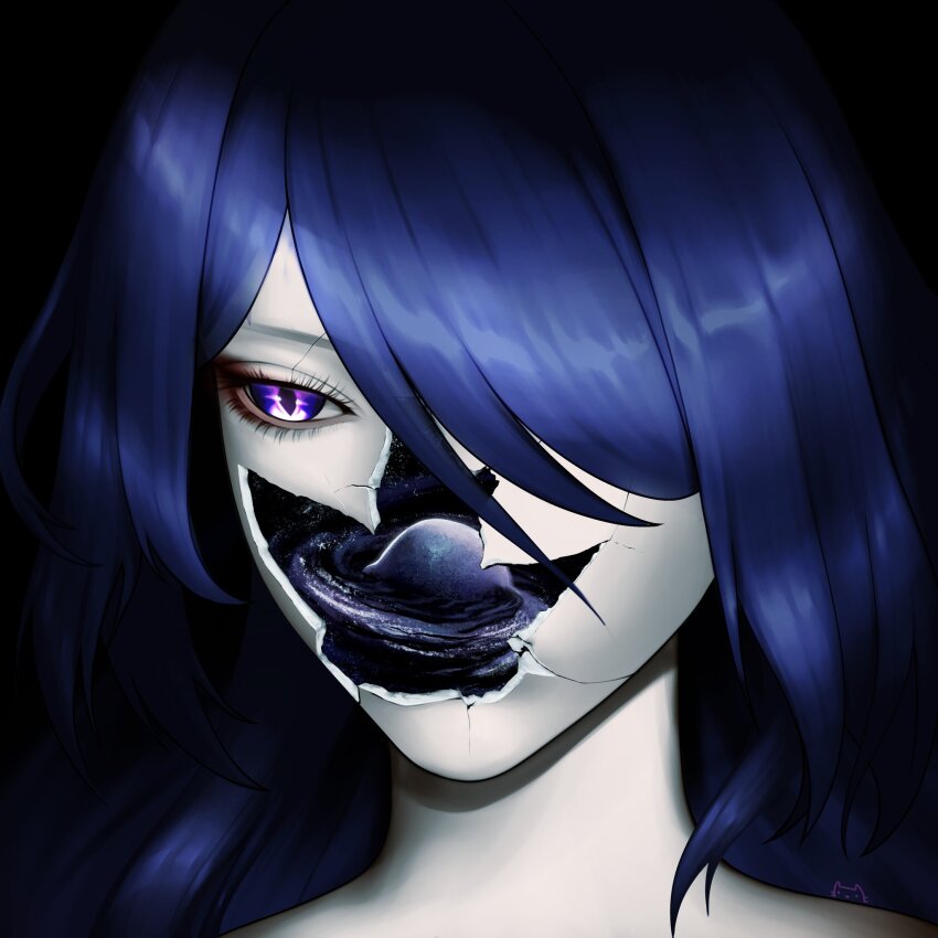 1girl, acheron_(honkai:_star_rail), artist_logo, commentary, cracked_skin, english_commentary, hair_over_one_eye, highres