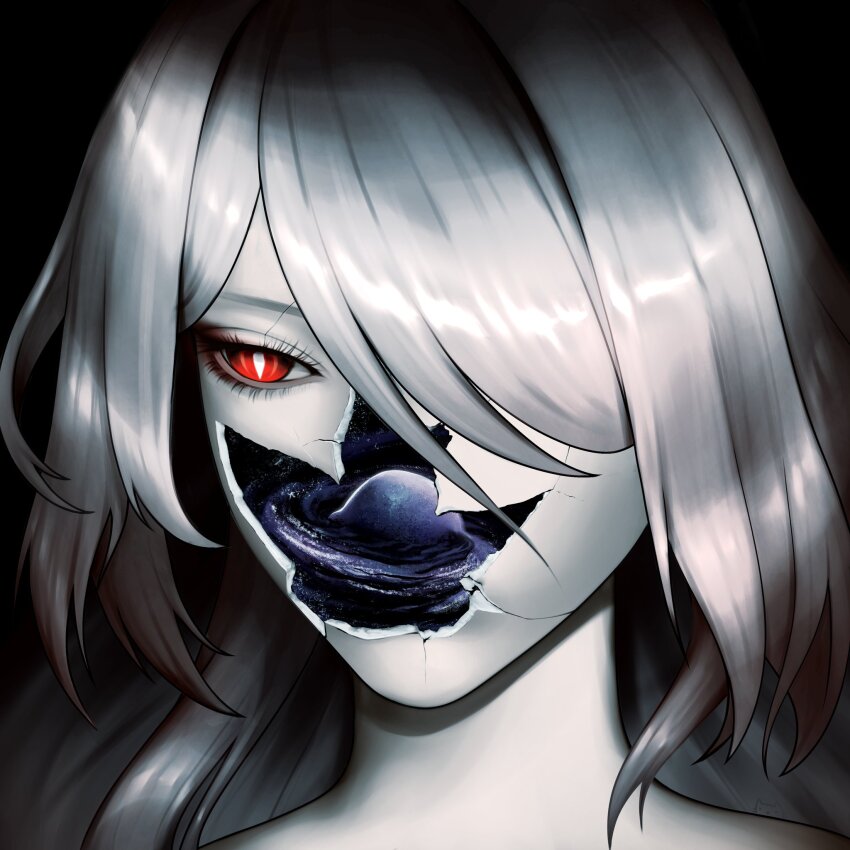 1girl, acheron_(honkai:_star_rail), artist_logo, bright_pupils, commentary, cracked_skin, english_commentary, hair_over_one_eye