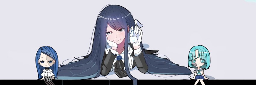 3girls, ado_(utaite), akuru-chan_(ado), aqua_hair, aqua_neckerchief, bandaid, bandaid_on_face, black_eyes