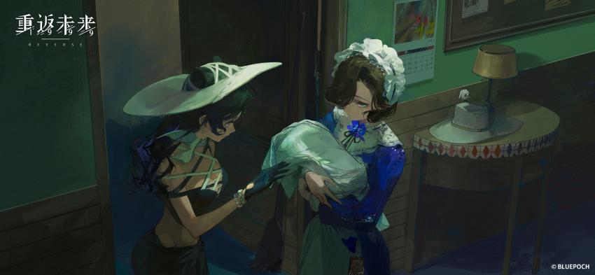 2girls, anjo_nala, apron, bare_shoulders, black_dress, black_gloves, black_hair, black_ribbon