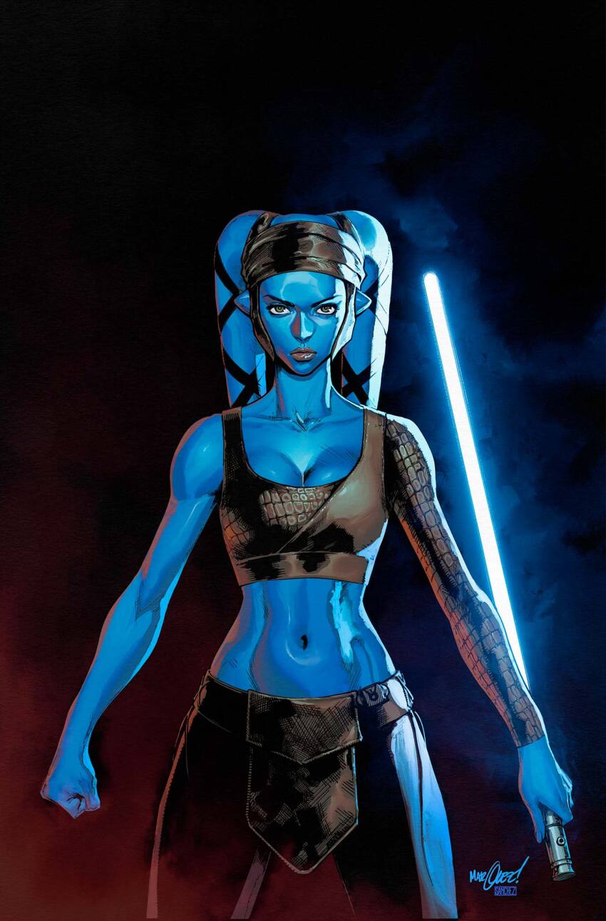 1girl, aayla_secura, alien, black_pants, black_sports_bra, blue_lightsaber, blue_skin, breasts, brown_eyes, cleavage, clenched_hand, colored_skin, curvy, david_marquez, energy_sword, highres, holding, holding_sword, holding_weapon, lightsaber, looking_at_viewer, medium_breasts, midriff, navel, pants, parted_lips, pelvic_curtain, reverse_grip, shiny_skin, signature, single_sleeve, solo, sports_bra, standing, star_wars, sword, torn_clothes, torn_pants, twi'lek, weapon, wide_hips
