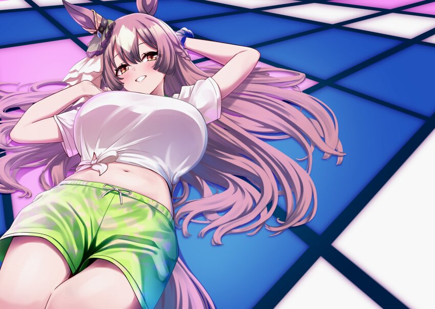 1girl, alternate_costume, animal_ears, blush, braid, breasts, brown_eyes, brown_hair, casual, crop_top, ear_ornament, floor_light, grin, hair_spread_out, half_up_braid, herohero_(higashi_no_dou), highres, horse_ears, horse_girl, horse_tail, huge_breasts, long_hair, looking_at_viewer, lying, midriff, navel, on_back, satono_diamond_(umamusume), shirt, short_shorts, short_sleeves, shorts, smile, solo, tail, tied_shirt, umamusume, very_long_hair, white_shirt
