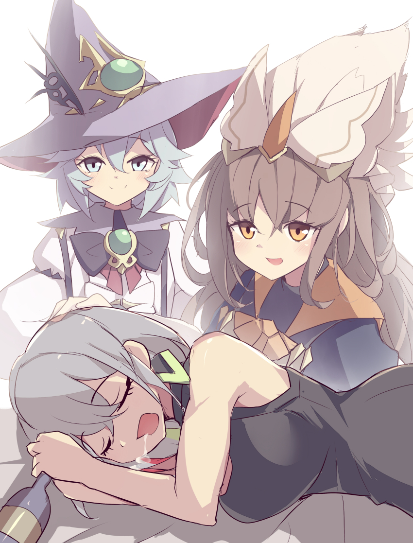 3girls, absurdres, bottle, breasts, brown_hair, diabellstar_the_black_witch, drooling, duel_monster