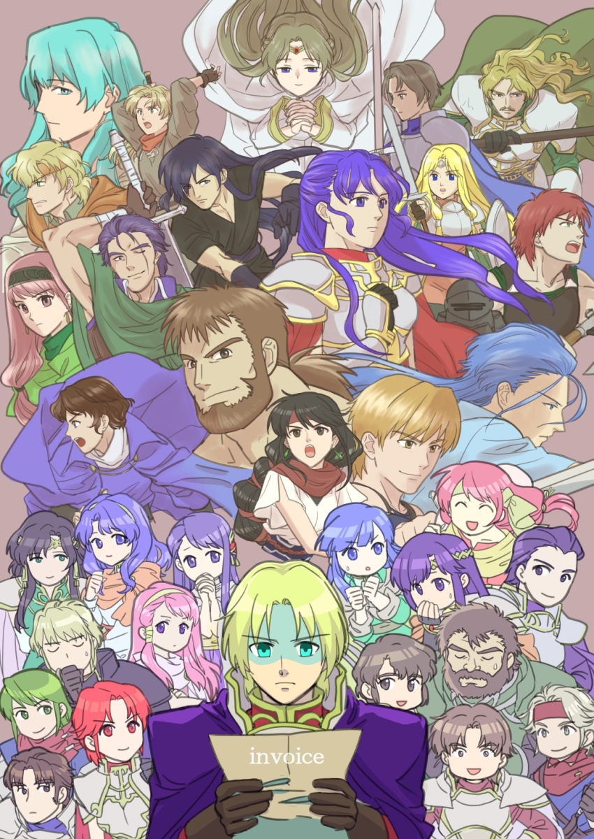 6+boys, 6+girls, adel_(tear_ring_saga), aegina_(tear_ring_saga), alvina_(tear_ring_saga), armor, arthur_(tear_ring_saga), axel_(tear_ring_saga), beard, tear_ring_saga_series:_berwick_saga, black_gloves, black_hair, blonde_hair, blue_eyes, blue_hair, bow, brown_eyes, brown_gloves, brown_hair, burroughs_(tear_ring_saga), cape, chris_(tear_ring_saga), clifford_(tear_ring_saga), closed_eyes, czene_(tear_ring_saga), daoud_(tear_ring_saga), dean_(tear_ring_saga), derrick_(tear_ring_saga), earrings, elbert_(tear_ring_saga), enid_(tear_ring_saga), estobar_(tear_ring_saga), everyone, facial_hair, faramir_(tear_ring_saga), faye_(tear_ring_saga), fingerless_gloves, gloves, green_eyes, green_hair, hair_bow, hair_ornament, hairband, highres, holding, holding_shield, holding_sword, holding_weapon, izerna_(tear_ring_saga), jewelry, kramer_(tear_ring_saga), lanette_(tear_ring_saga), larentia_(tear_ring_saga), leon_(tear_ring_saga), light_brown_hair, long_braid, marcel_(tear_ring_saga), multiple_boys, multiple_girls, mustache, olwen_(tear_ring_saga), ouro_(tear_ring_saga), paramythis_(tear_ring_saga), percival_(tear_ring_saga), pink_eyes, purple_eyes, purple_hair, red_eyes, red_hair, reese_(tear_ring_saga), ruby_(tear_ring_saga), saphira_(tear_ring_saga), scar, scar_across_eye, scar_on_face, sedy_(tear_ring_saga), sherlock_(tear_ring_saga), sherpa_(tear_ring_saga), shield, smile, sweatdrop, sword, sylvis_(tear_ring_saga), sylwiss_(tear_ring_saga), tear_ring_saga, ward_(tear_ring_saga), weapon, yomiko_(61549392)