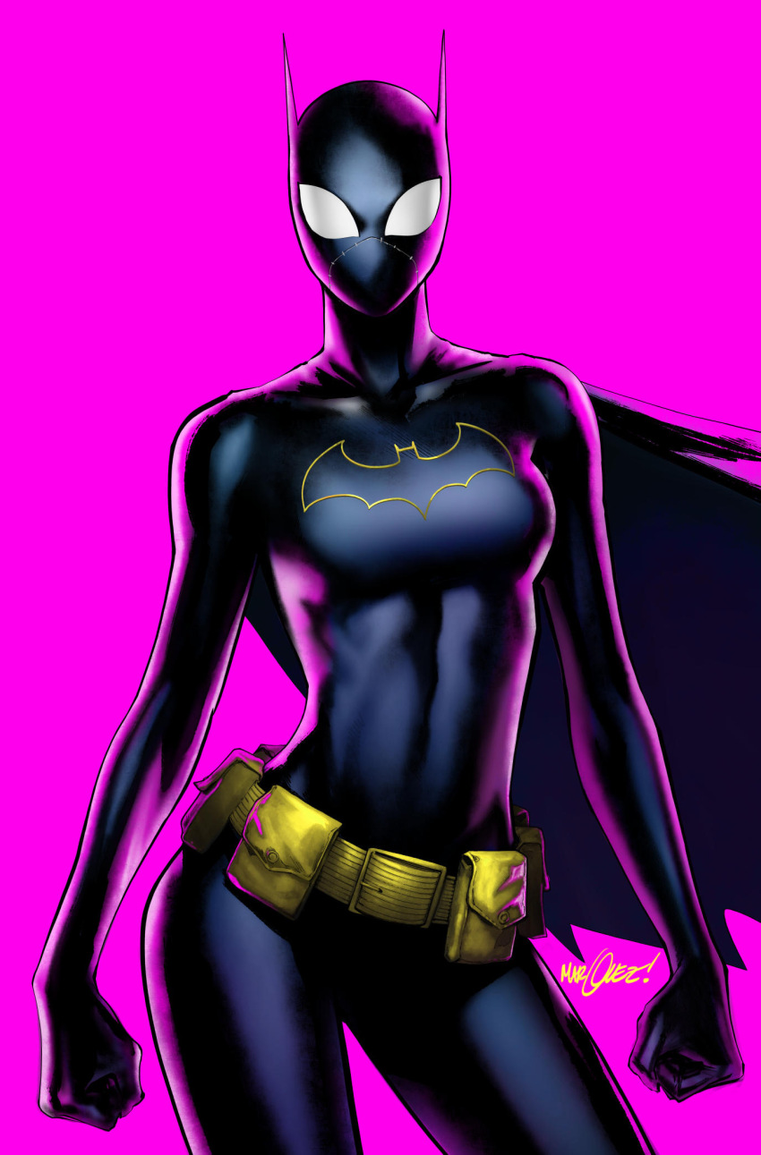 1girl, batgirl, batgirl_costume_(2021_cassandra), batman_(series), belt, belt_pouch, black_bodysuit, black_cape, black_mask, bodysuit, breasts, cape, cassandra_cain, clenched_hands, cowl, david_marquez, dc_comics, highres, looking_at_viewer, medium_breasts, pink_background, pouch, signature, simple_background, solo, superhero_costume, textless_version, utility_belt, yellow_belt