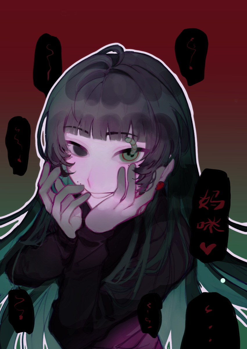 1girl, absurdres, ahoge, black_eyes, black_hair, black_shirt, blunt_bangs, chinese_commentary