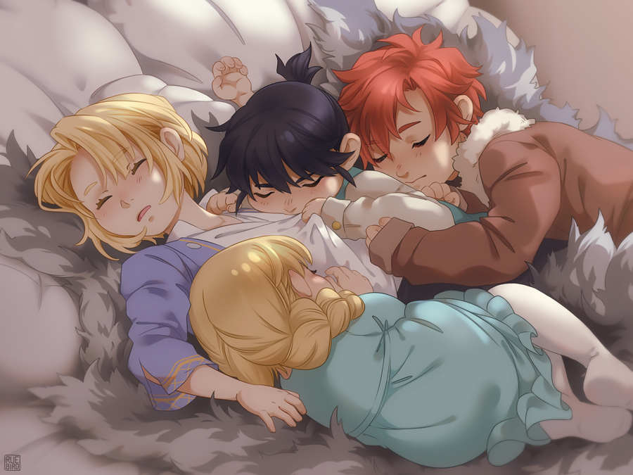 1girl, 3boys, aqua_dress, aqua_tunic, arm_up, black_hair, blonde_hair, blue_shirt