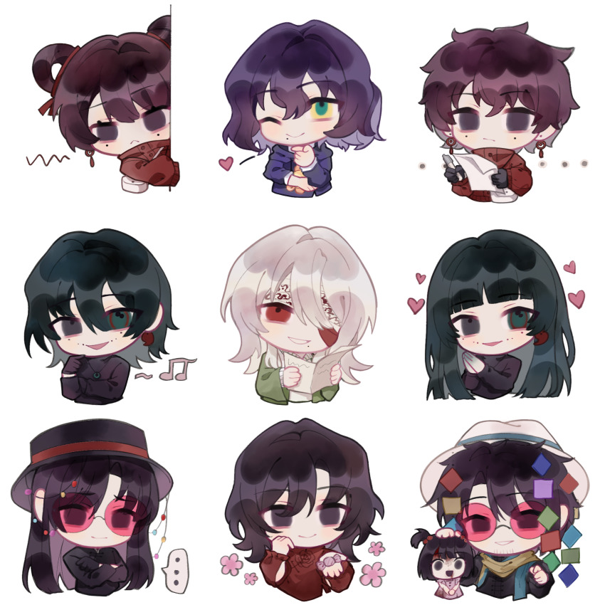 ..., 4girls, 5boys, :<, ;), bandage_over_one_eye, beard_stubble, black_eyes