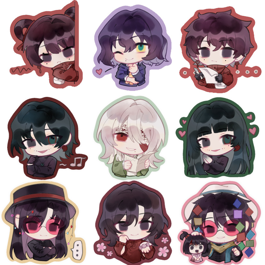 ..., 4girls, 5boys, :<, ;), bandage_over_one_eye, beard_stubble, black_eyes