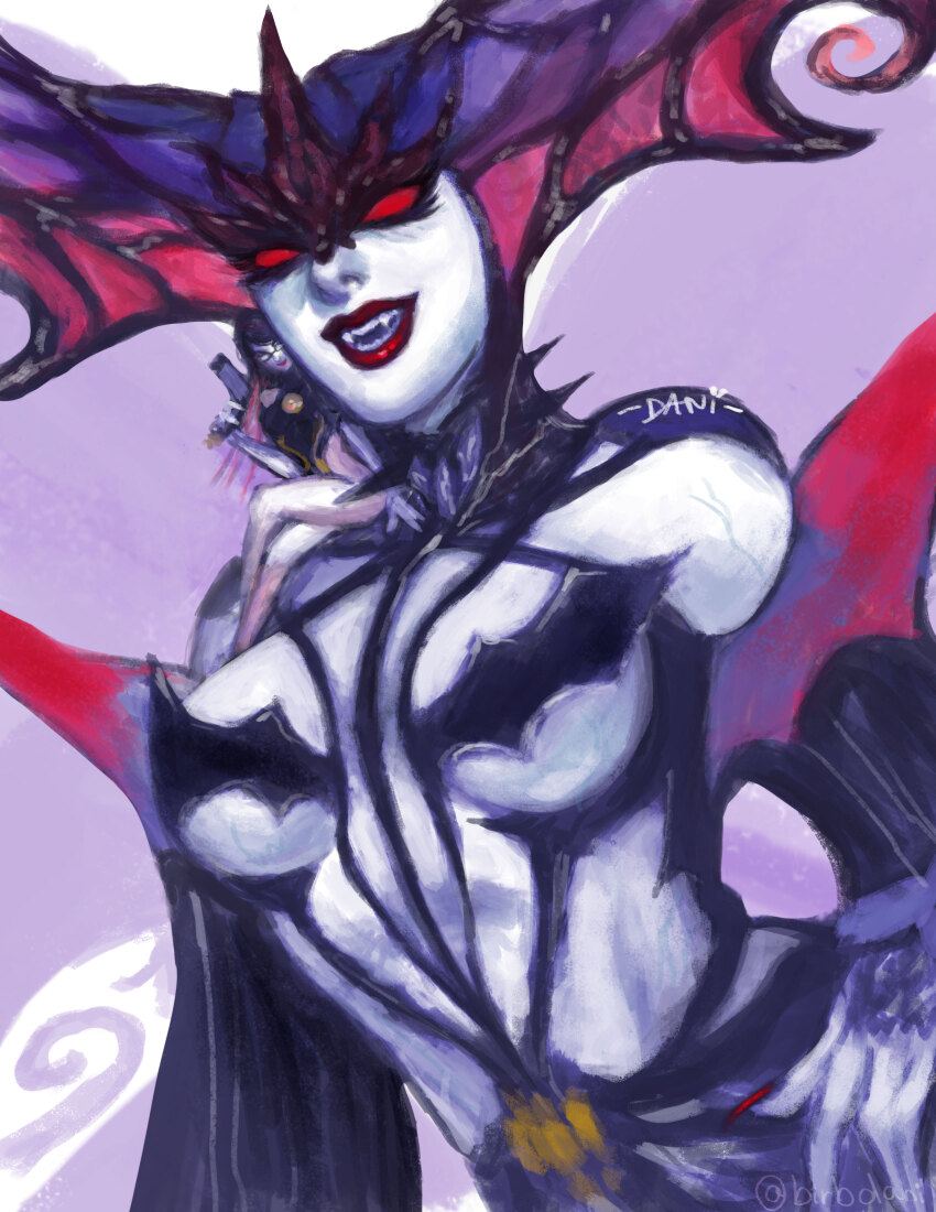 2girls, absurdres, bayonetta, bayonetta_(series), bayonetta_3, colored_skin, danutza, demon_girl, earrings, extra_eyes, fingernails, giant, giantess, grey_skin, highres, hoop_earrings, insect_wings, jewelry, looking_at_viewer, madama_butterfly, multiple_girls, sitting, wings