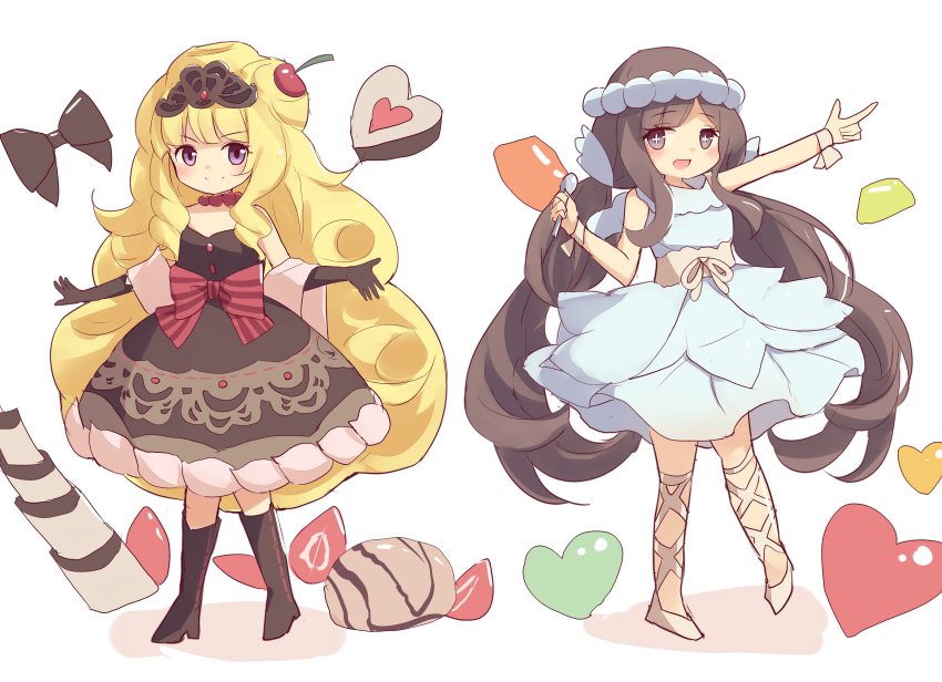 2girls, absurdres, blonde_hair, brown_dress, brown_eyes, brown_hair, dress, full_body