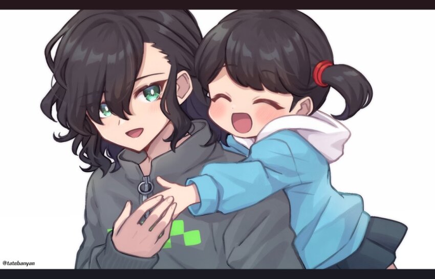 1boy, 1girl, :d, ^_^, age_difference, aqua_eyes, arm_on_another's_shoulder, artist_name, asymmetrical_bangs, behind_another, bishounen, black_hair, black_skirt, blue_hoodie, blush, bright_pupils, brother_and_sister, child, closed_eyes, coat, facing_ahead, grey_coat, hair_between_eyes, hand_up, happy, hood, hood_down, hoodie, kirigakure_marina, kirigakure_ranto, long_sleeves, looking_at_another, looking_back, medium_hair, one_side_up, open_mouth, pleated_skirt, siblings, simple_background, skirt, sleeves_past_wrists, smile, split_mouth, swept_bangs, tabana, white_background, white_hood, white_pupils, youkai_watch