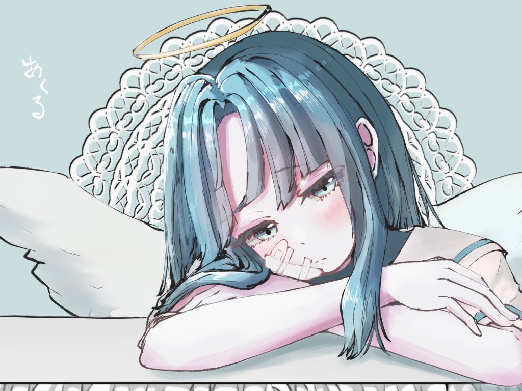 1girl, ado_(utaite), akuru-chan_(ado), angel_wings, blue_background, blue_eyes, blue_hair, blush, closed_mouth, commentary, eien_no_akuru_hi, halo, medium_hair, parted_bangs, school_uniform, serafuku, shirt, sidelocks, solo, tanake_(tanakei_ado), translated, white_shirt, wings