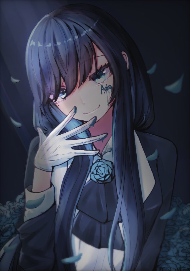 1girl, ado_(utaite), ascot, black_ascot, black_coat, black_hair, blue_flower, blue_hair, blue_rose, body_writing, brooch, chando_(ado), closed_mouth, coat, colored_inner_hair, commentary_request, dress_shirt, falling_petals, flower, flower_brooch, gloves, hair_ornament, long_hair, long_sleeves, looking_at_viewer, multicolored_hair, open_clothes, open_coat, petals, rose, shirt, sidelocks, solo, tanake_(tanakei_ado), upper_body, utaite, white_gloves, white_shirt