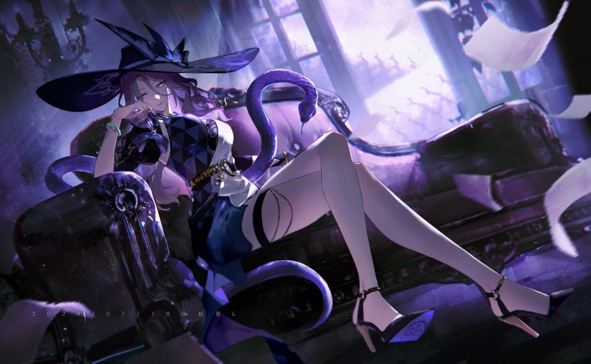 1girl, absurdres, black_bra, black_footwear, black_hat, black_shrug, blue_dress, blue_eyes, bow, bra, bra_peek, bracelet, chandelier, chen_li, closed_mouth, commentary_request, couch, crossed_legs, dated, dress, dutch_angle, flying_paper, full_body, hair_between_eyes, hand_up, hat, hat_bow, hat_feather, high_heels, highres, honkai:_star_rail, honkai_(series), indoors, jade_(honkai:_star_rail), jewelry, large_hat, long_hair, looking_at_viewer, on_couch, paper, pink_hair, shrug_(clothing), sitting, smile, snake, solo, thigh_strap, two-tone_dress, underwear, white_dress