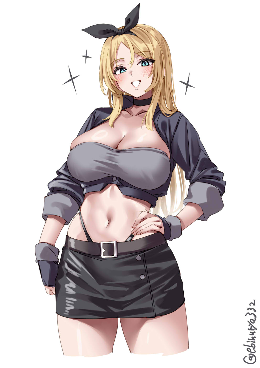 1girl, artist_name, belt, black_choker, black_gloves, black_panties, black_skirt, blonde_hair, blue_eyes, blush, breasts, choker, collarbone, cropped_legs, ebifurya, gloves, grin, hair_between_eyes, hair_ribbon, hand_on_own_hip, highleg, highleg_panties, highres, kantai_collection, large_breasts, long_hair, looking_at_viewer, miniskirt, navel, nelson_(kancolle), nelson_(race_queen)_(kancolle), one-hour_drawing_challenge, panties, parted_bangs, race_queen, ribbon, sidelocks, simple_background, skindentation, skirt, smile, solo, sparkle, thighs, twitter_username, underwear, white_background
