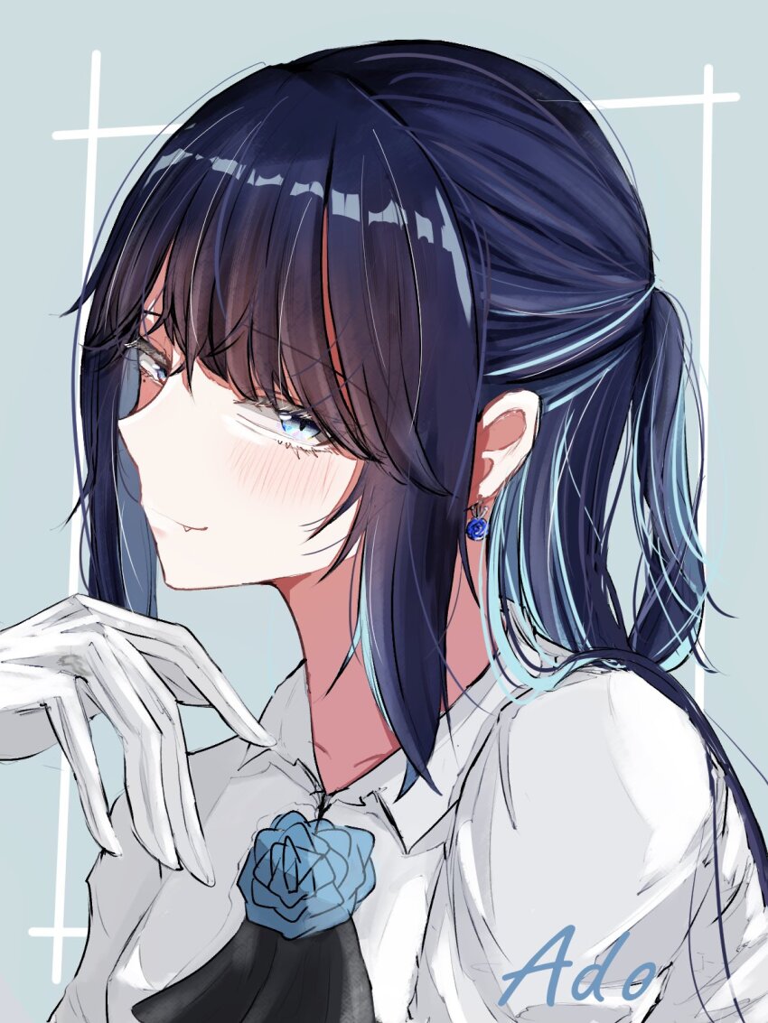 1girl, ado_(utaite), blue_background, blue_eyes, blue_flower, blue_hair, blue_rose, blush