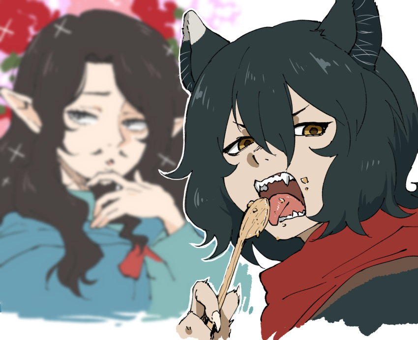 1boy, 1girl, animal_ears, black_hair, blurry, brown_eyes, cat_ears, cat_girl, commentary_request, dungeon_meshi, facial_hair, fingernails, floral_background, flower, goatee, grey_eyes, hair_between_eyes, henriiku_(ahemaru), highres, holding, holding_spoon, izutsumi, licking, long_hair, medium_hair, pointy_ears, rose, senshi_(dungeon_meshi), senshi_(elf)_(dungeon_meshi), sharp_fingernails, sparkling_eyes, spoon, wavy_hair