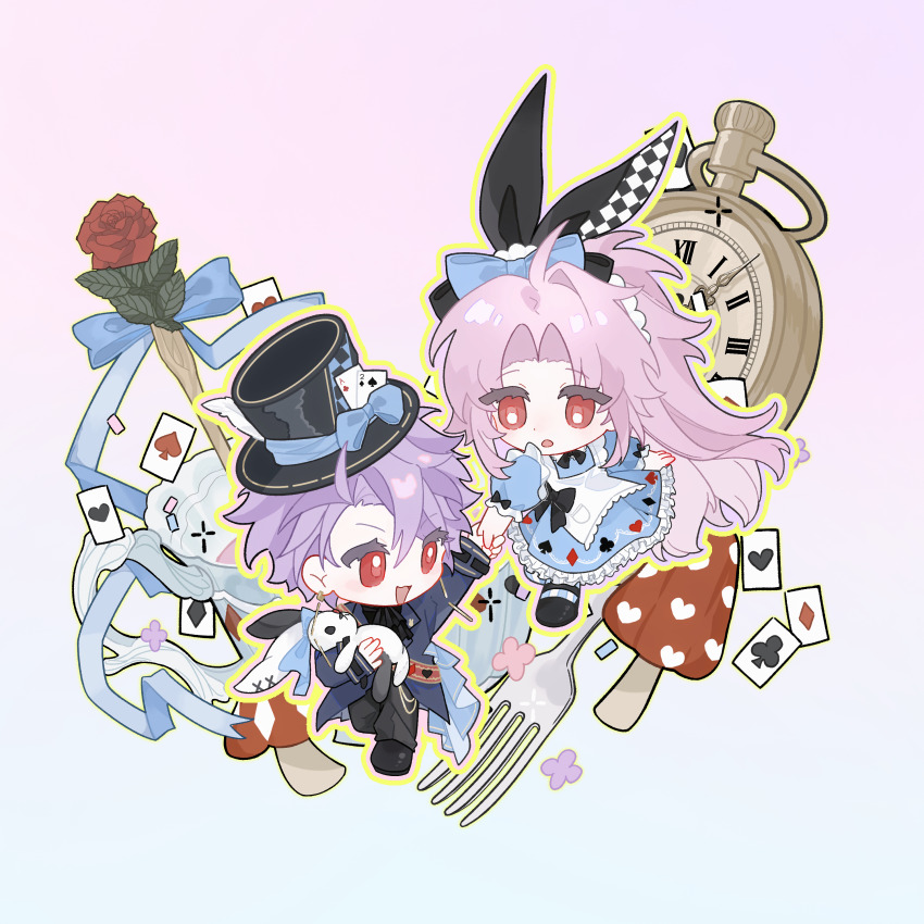 2boys, absurdres, alice's_adventures_in_wonderland, alice_(alice_in_wonderland), alice_(alice_in_wonderland)_(cosplay), apron, black_bow, black_bowtie