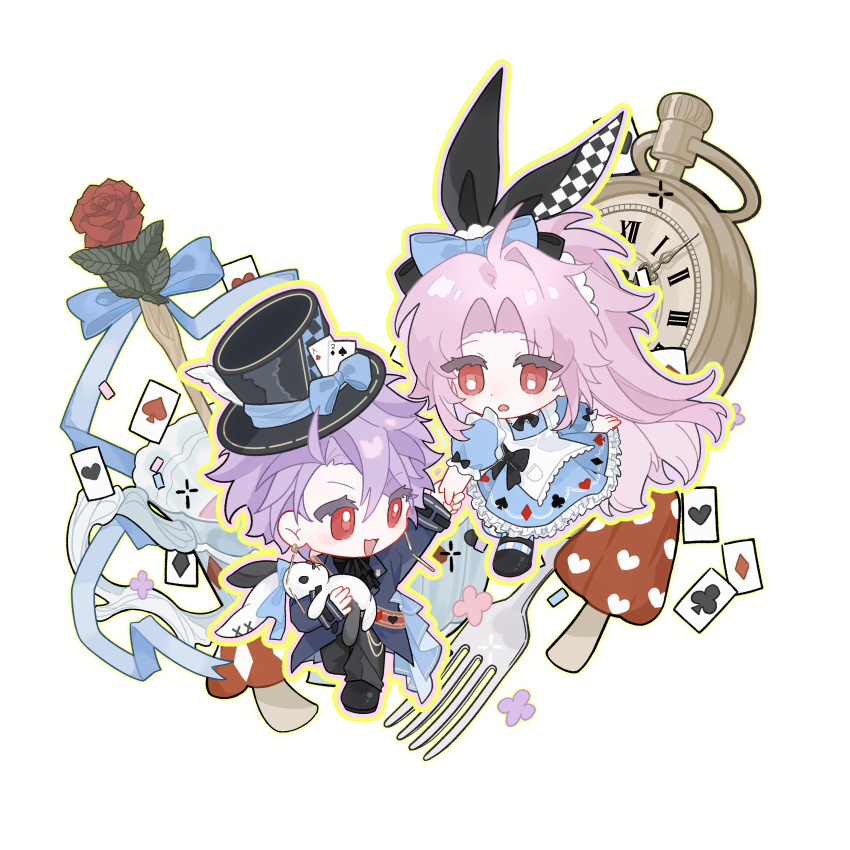 2boys, absurdres, alice's_adventures_in_wonderland, alice_(alice_in_wonderland), alice_(alice_in_wonderland)_(cosplay), apron, black_bow, black_bowtie