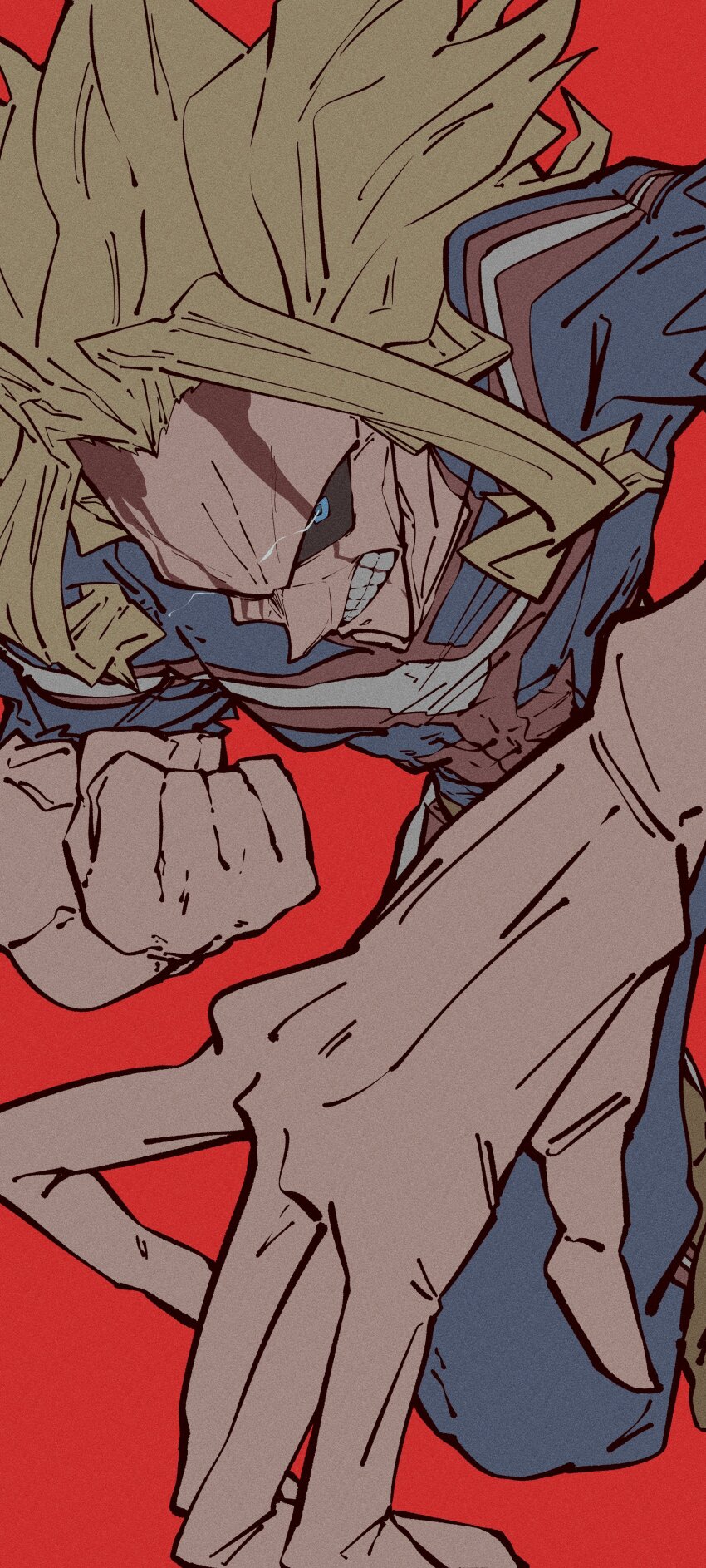 1boy, absurdres, arms_up, blonde_hair, blood, blood_on_face, blue_eyes, blue_pants
