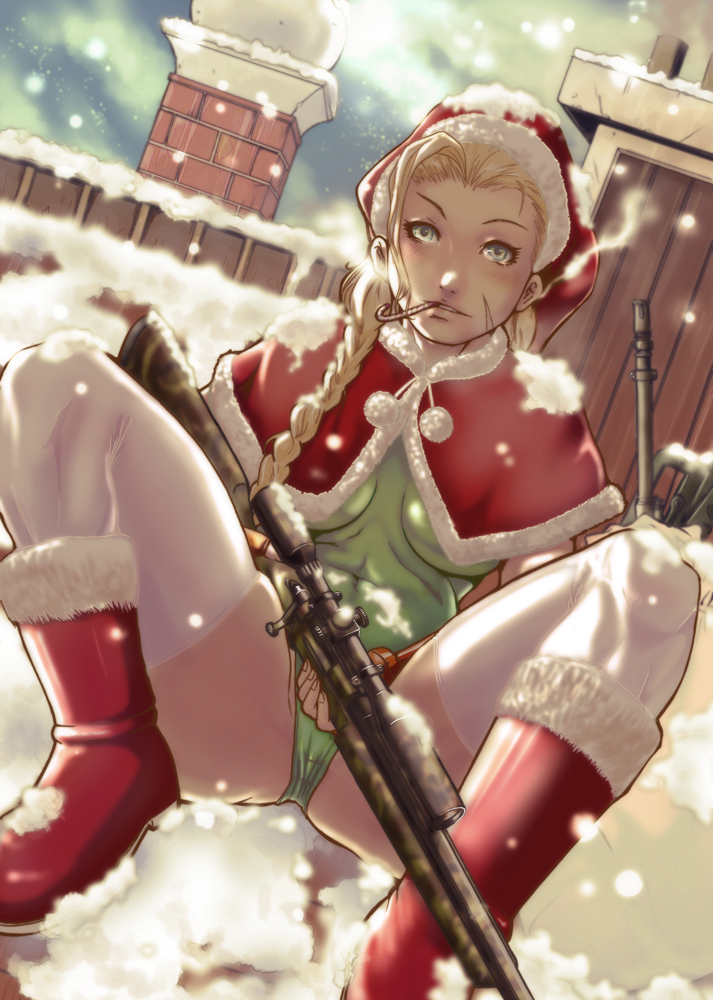 1girl, assault_rifle, blonde_hair, bolt_action, boots, braid, bullpup, cammy_white