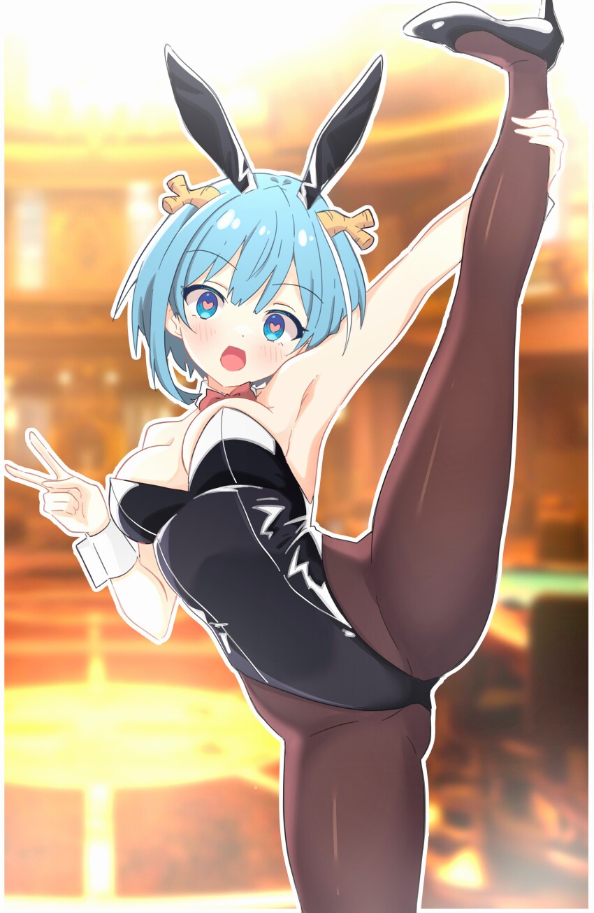 1girl, absurdres, animal_ears, black_footwear, black_leotard, black_pantyhose, blue_eyes, blue_hair, blurry, blurry_background, bow, bowtie, commission, fake_animal_ears, heart, heart_in_eye, highres, hisame_(karekore), konketsu_no_karekore, leotard, light_blue_hair, open_mouth, pantyhose, pixiv_commission, playboy_bunny, red_bow, red_bowtie, short_hair, small_horns, smile, solo, split, standing, standing_on_one_leg, standing_split, strapless, strapless_leotard, symbol_in_eye, usushio_maru, v
