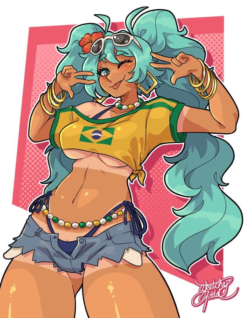 1girl, aqua_eyes, aqua_hair, blush, brazilian_miku, breasts, dark-skinned_female, dark_skin