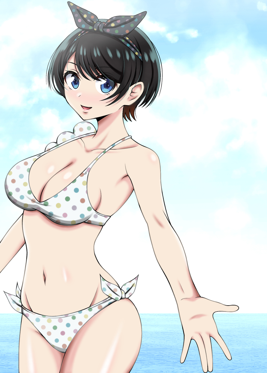 1girl, absurdres, bikini, black_hair, blue_eyes, blue_sky, breasts, cleavage, cloud, cowboy_shot, frilled_bikini, frills, gokuu_(goku_xeno59), highres, horizon, kanojo_okarishimasu, large_breasts, navel, ocean, polka_dot, polka_dot_bikini, sarashina_ruka, short_hair, side-tie_bikini_bottom, sky, solo, swimsuit, white_bikini