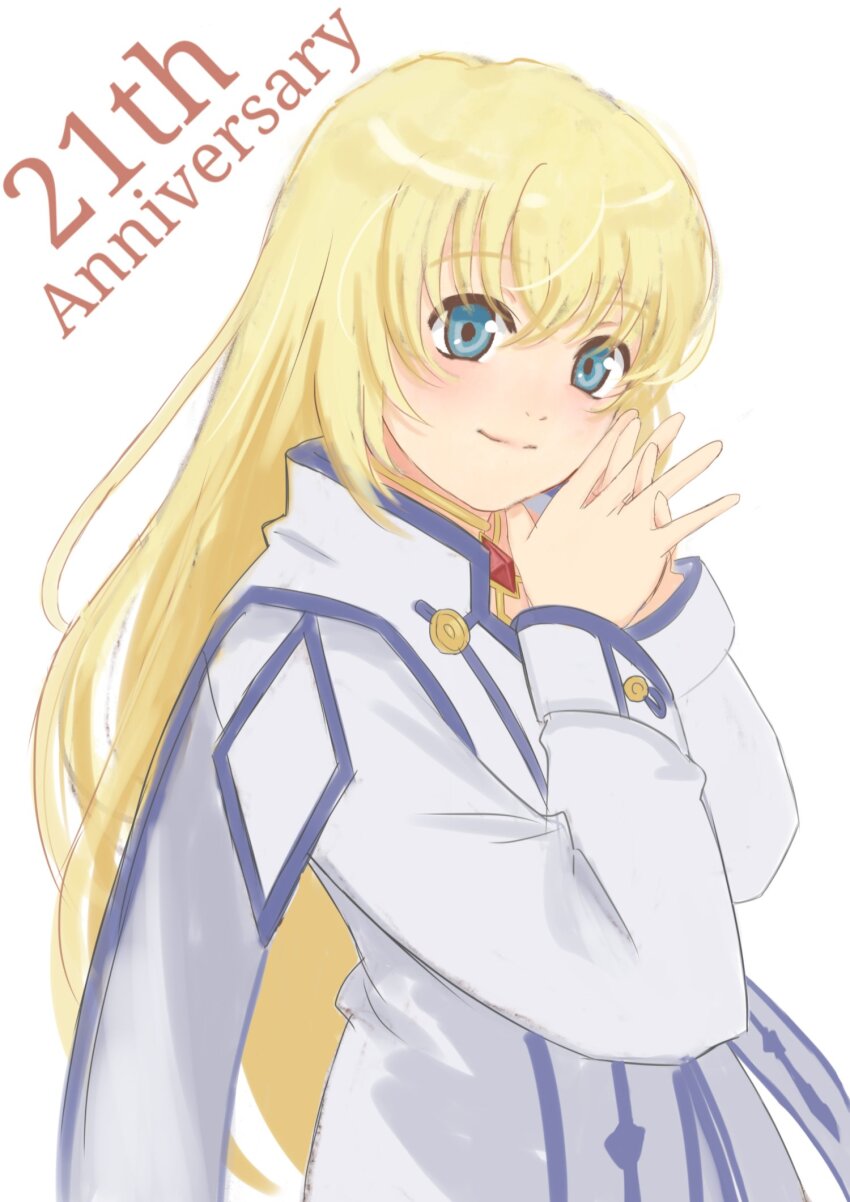 blonde_hair, blue_eyes, colette_brunel, dress, fingers_interlaced, highres, light_blush, tales_of_(series)