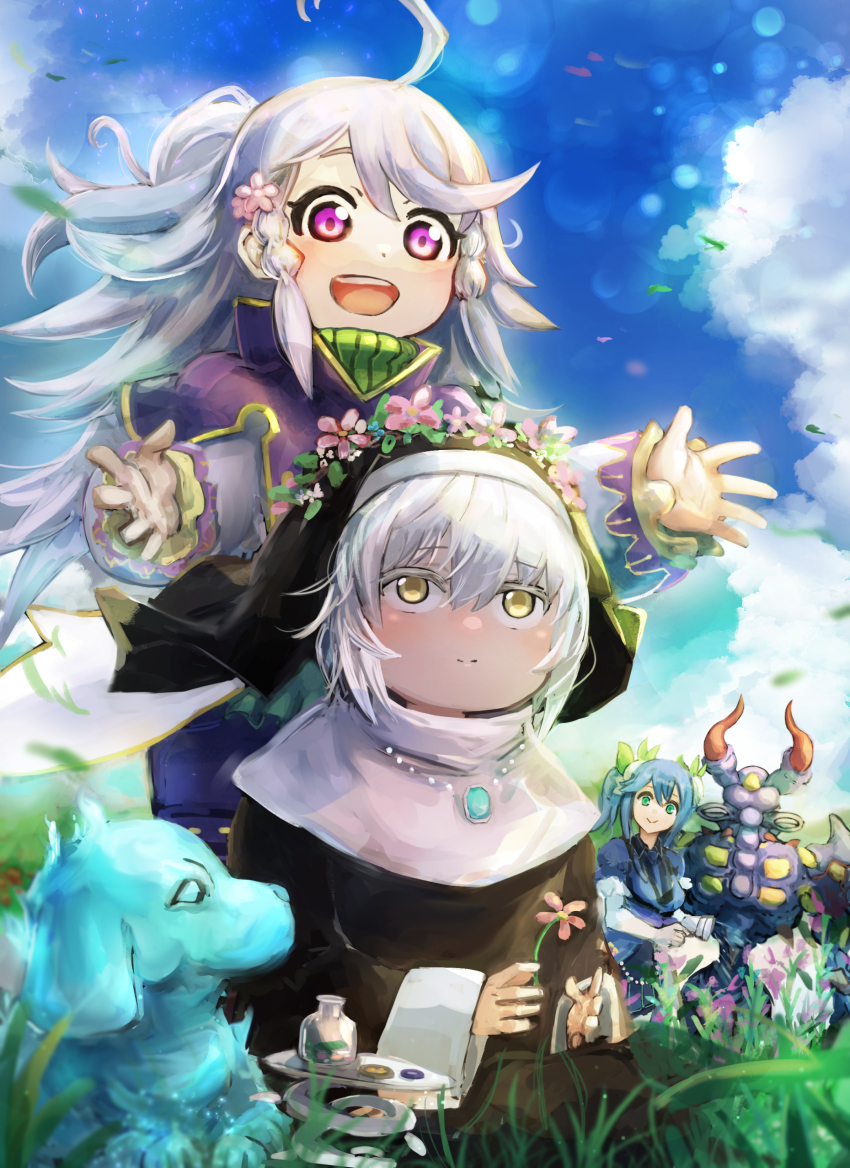 3girls, absurdres, aromage_jasmine, aromage_rosemary, blue_hair, demon, dog, duel_monster