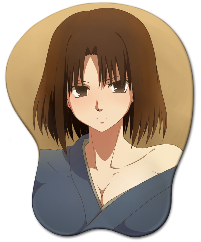 1girl, bad_id, bad_pixiv_id, breast_mousepad, breasts, brown_eyes, brown_hair, cleavage